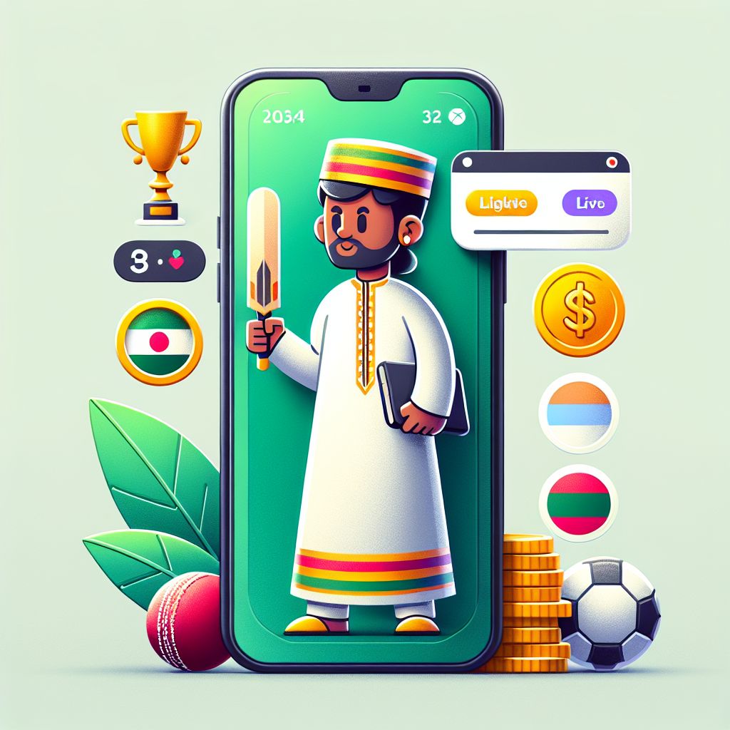 CV44 Bet cartoon character holding a phone with sports icons and coins