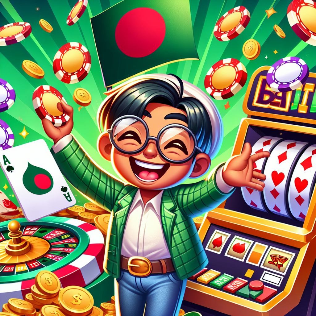 CV44 Casino cartoon character with chips, cards, and slot reels in a Bangladesh-themed gaming scene