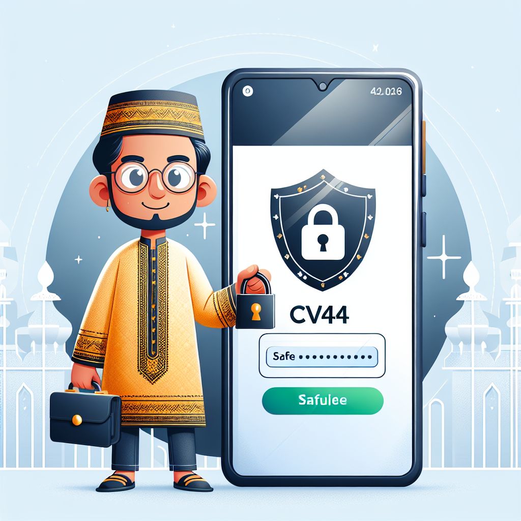 Cartoon character unlocking a phone with a secure CV44 login screen and shield icon