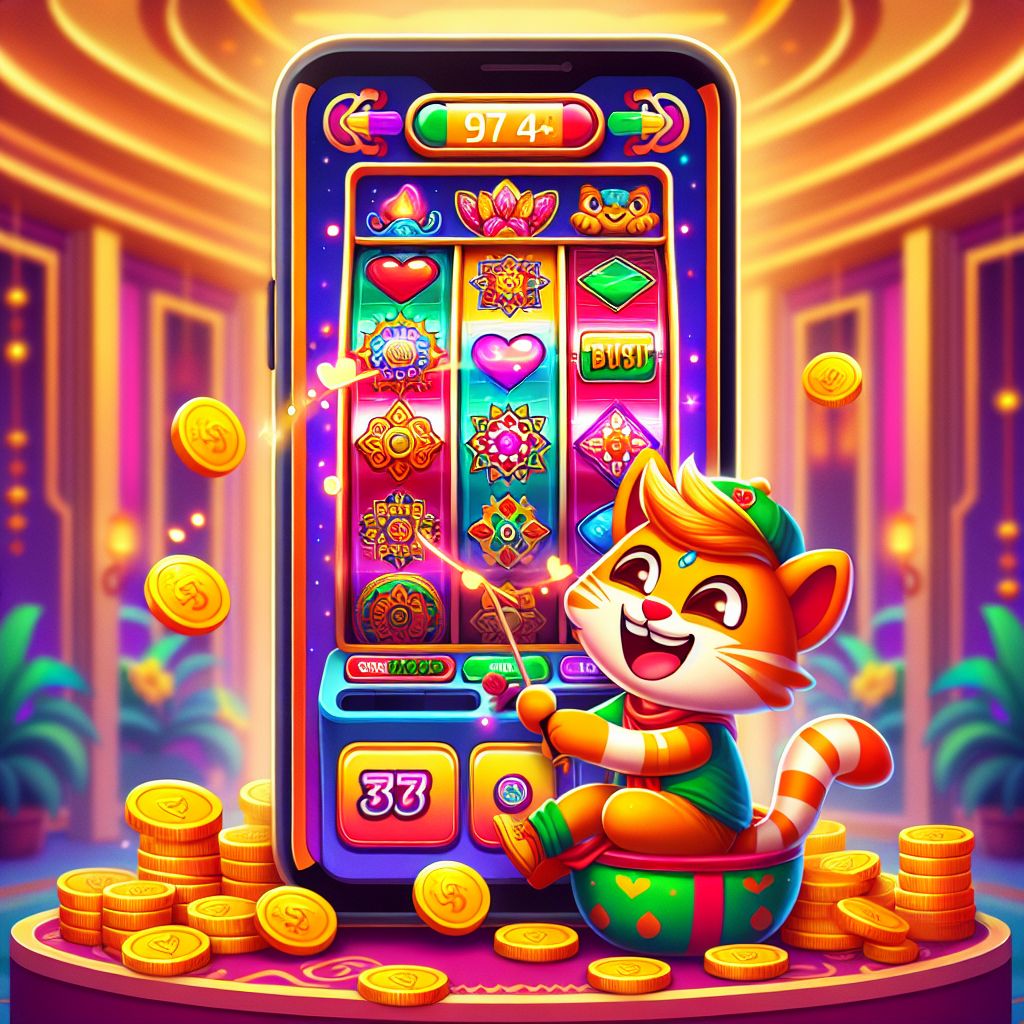 CV44 slot-themed cartoon character with reels, coins, and bonus symbols