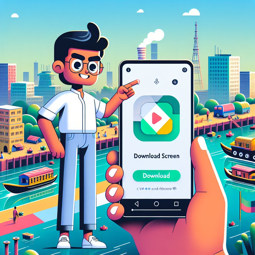 Cartoon character holding a smartphone with CV44 App interface and download icon